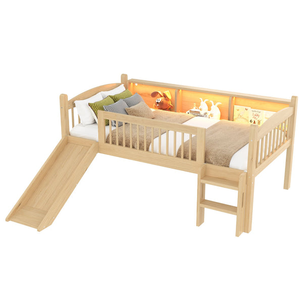 English Elm Twin Low Loft Bed Solid Pine Frame with Built-in Led Lighting and Storage Shelves Natural W1580P395930