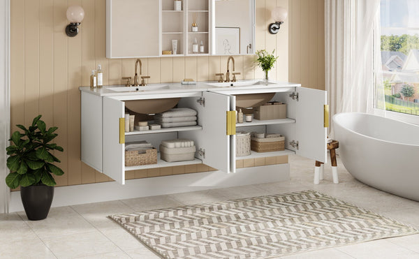 English Elm 60" Vintage Bathroom Vanity with Ceramic Sink Wall-Mount Modern Striped Design Durable MDF Wood Finish White N710SS00010K