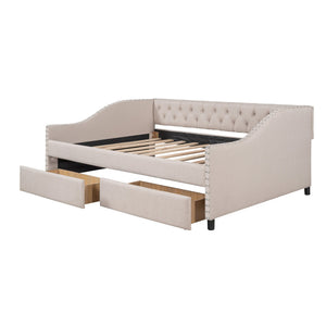 English Elm Upholstered Full Daybed with Linen Tufted Back Rivet Arms and Two Storage Drawers LP002111AAA