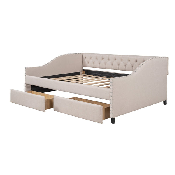 English Elm Upholstered Full Daybed with Linen Tufted Back Rivet Arms and Two Storage Drawers LP002111AAA