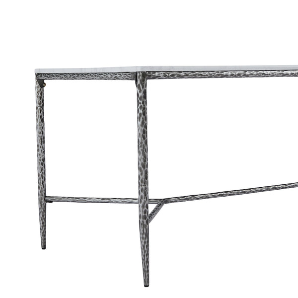 English Elm 6-seater Faux Marble Dining Table with Hammered Iron Brass Accent Legs Modern Loft Forged Pewter N771P392428Y
