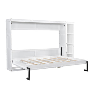 English Elm Full Full Size Murphy Bed with Bookshelf and Fold-Down Work Surface, Space-Saving LVL/MDF Design White GX002220AAK