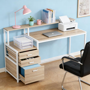 English Elm Sturdy Two-tier Computer Desk with File Cabinet and Monitor Riser for Home Office Natural,White T3971P450935