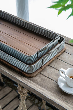 English Elm S/2 Rustic Fir Wood Serving Trays with Iron Accents for Farmhouse Tablescapes W2078P495641