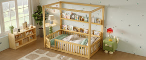 English Elm Twin House Floor Bed with Door and Full-Length Guardrails, Solid Wood Double Twin Floor Bed for Kids' Playful Rooms Natural W1580P359329