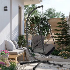 English Elm Swing Egg Chair with Stand - Foldable Rattan Hanging Basket Seat, Cushioned Comfort, Cup Holder Black W2707P388616