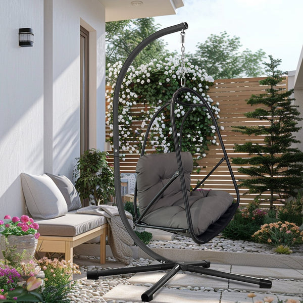 English Elm Swing Egg Chair with Stand - Foldable Rattan Hanging Basket Seat, Cushioned Comfort, Cup Holder Black W2707P388616