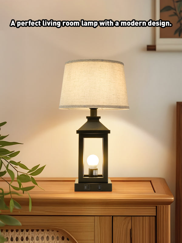 English Elm 20.5in Vintage Table Lamp Set of 2 Rustic Farmhouse Nightstand Lamps with Linen Shade & USB Ports Black W2312P389974