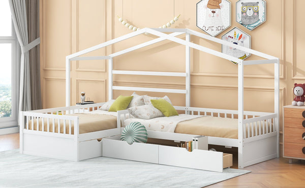 English Elm Twin House Platform Bed with Three Storage Drawers for Kids, Solid Pine & MDF, Sleek Roof Design White GX001026AAK
