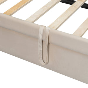 English Elm Twin Upholstered Daybed with LED Armrest Lighting, Hidden Storage Shelves & Lift-Up Pull-Out Trundle Beige SF000198AAA