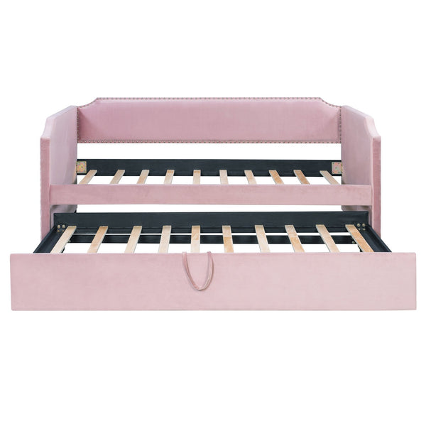 English Elm Twin Velvet Upholstered Daybed with Pop up Trundle for Guest or Kids Rooms Pink SF000197AAH
