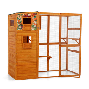 English Elm 70" Outdoor Cat Catio Spruce Wood Weatherproof Enclosure with 4 Tiers and Mesh Run W2181P356201