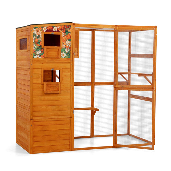 English Elm 70" Outdoor Cat Catio Spruce Wood Weatherproof Enclosure with 4 Tiers and Mesh Run W2181P356201
