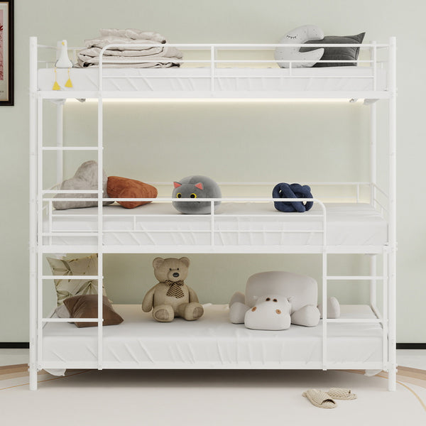 English Elm Heavy-duty triple bunk bed frame with built-in ladder, full guardrails, metal slats, space-saving design White W1935P330701