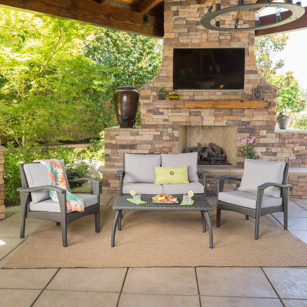 English Elm Christopher Knight Home® - HONOLULU Stylish 4PC PE Wicker Patio Set with Durable Iron Frame, Waterproof Cushions, Compact Lounge Grey 52917.00IRNGRY