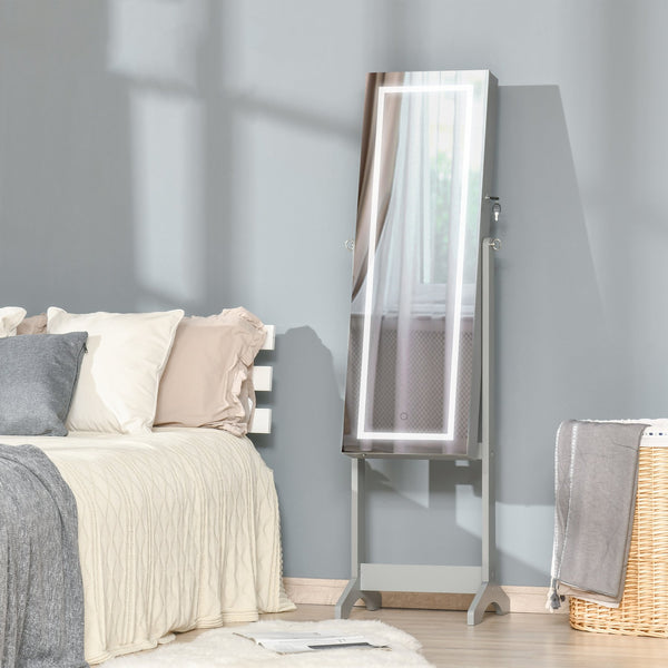 English Elm HOMCOM Lockable Floor Jewelry Armoire with LED Lights, Full-Length Mirror, 100+ Slots & Shelves Grey W2225P217022