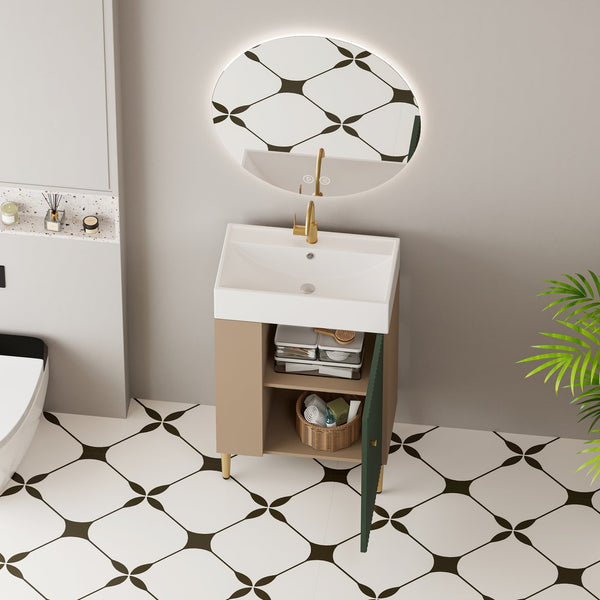 English Elm 21.6" Compact Green Bathroom Vanity Ceramic Sink Soft Close Cabinet Open Side Shelf W1920S00191
