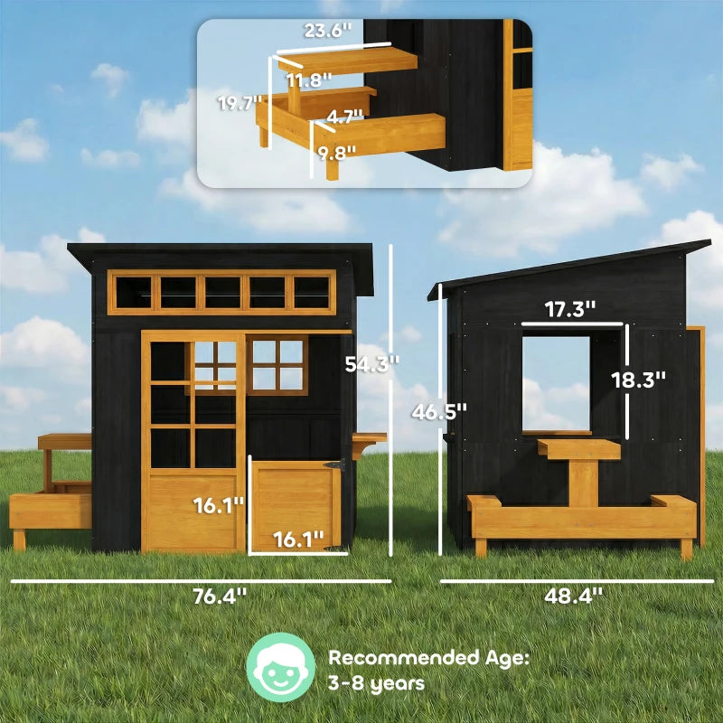 English Elm Wooden Fir Outdoor Kids Playhouse with Chalkboard Walls Built-in Table and Benches T3971S00200