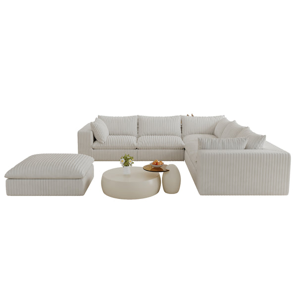 English Elm 118.2" Modular Cloud Sofa Corduroy Upholstered Deep Seat Lounge for Living Room White W2824S00161
