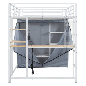 English Elm Full Loft Metal Bed with Built-In Desk, LED Strip, Power Outlet and Fabric Wardrobe for Space-Saving Living White SF000179AAK