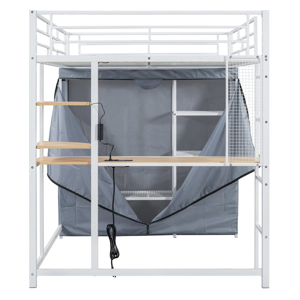 English Elm Full Loft Metal Bed with Built-In Desk, LED Strip, Power Outlet and Fabric Wardrobe for Space-Saving Living White SF000179AAK