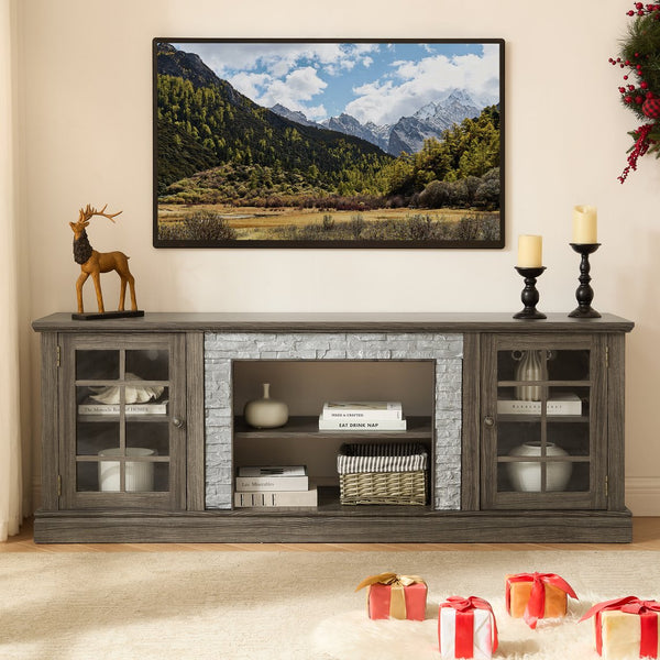 English Elm 70" Modern TV Stand with Faux Stone Top, Spacious 2-Door Media Console with Cable Management and Adjustable Shelves, Vintage Metal Handles, Durable MDF Construction for Living Room Entertainment (Fits up to 75") Grey W2275P342688