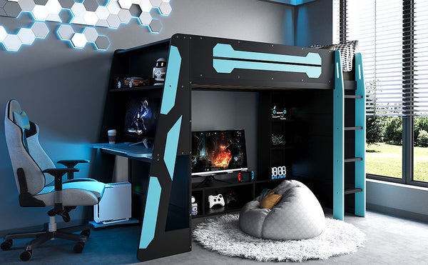 English Elm Twin Gaming Loft Bed with Desk Rgb Lighting and Multi-tier Shelves for Teen Rooms Blue LT000160AAC