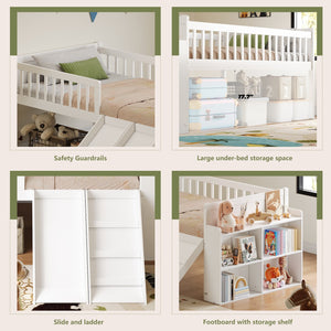 English Elm Twin Platform Kids Bed with Slide Ladder Guardrails Storage Shelf Wood Frame White N733S415411K