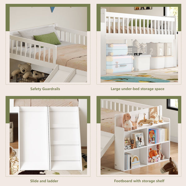English Elm Twin Platform Kids Bed with Slide Ladder Guardrails Storage Shelf Wood Frame White N733S415411K