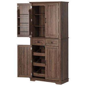 English Elm K&K 71" Tall Farmhouse Pantry Cabinet with Groove Edges, 3 Pull-Out Organizers, 6 Door Shelves Brown N707P256507Z