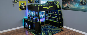 English Elm Full Size Wood Loft Bed with Rgb Lighting Desk and Multi-tier Shelves for Gaming Green LT000374AAG