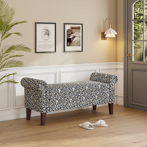English Elm Wallen Traditional Upholstered Storage Ottoman Bench with Nailhead Trim and Vine Pattern Black,White,Wood B127P409580