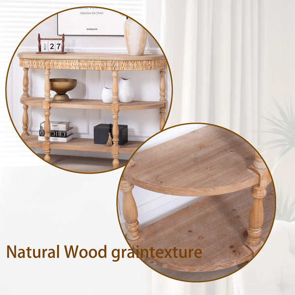 English Elm Handcrafted Oval Console Table Woven Corn Husk Trim Spindle Legs Three Tier Entryway W2729P298160
