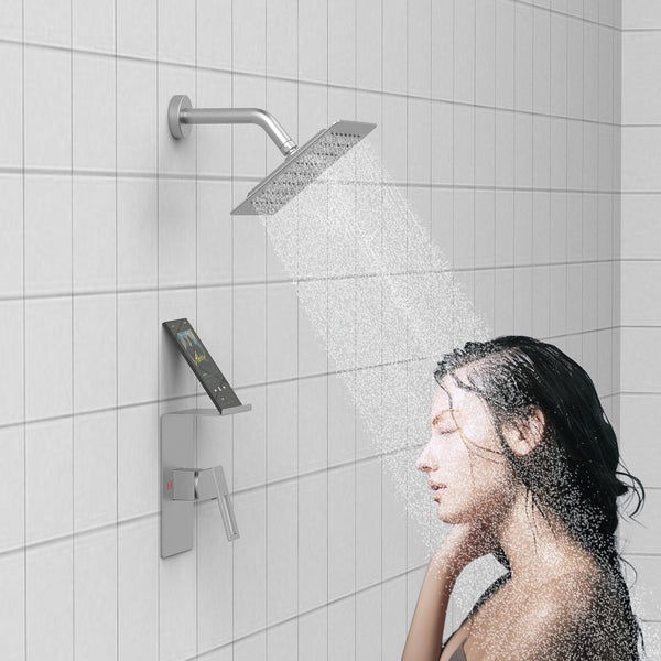 English Elm Shower 8" Square Rain Head Faucet Set with Single-Handle Mixer, 15" Arm, Rack Storage & Detachable Trim (Modern) Brushed Nickel T3177P269411