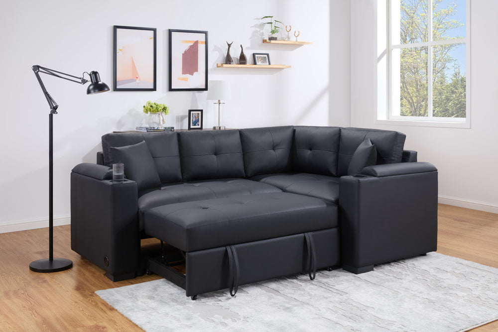 English Elm Duilio Sleeper Sectional with Usb Charging Cupholders Storage Arms Pvc Upholstery B2749S00250