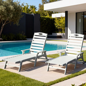 English Elm Patio Hdpe Chaise Lounge Outdoor Reclining Poolside Chair with Built-in Cup Holder White W1859P478491