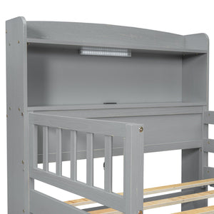 English Elm Wood Twin Size Platform Bed with Built-in LED Light, Multifunctional Headboard, Guardrail & Storage Drawers Gray N709P243969E