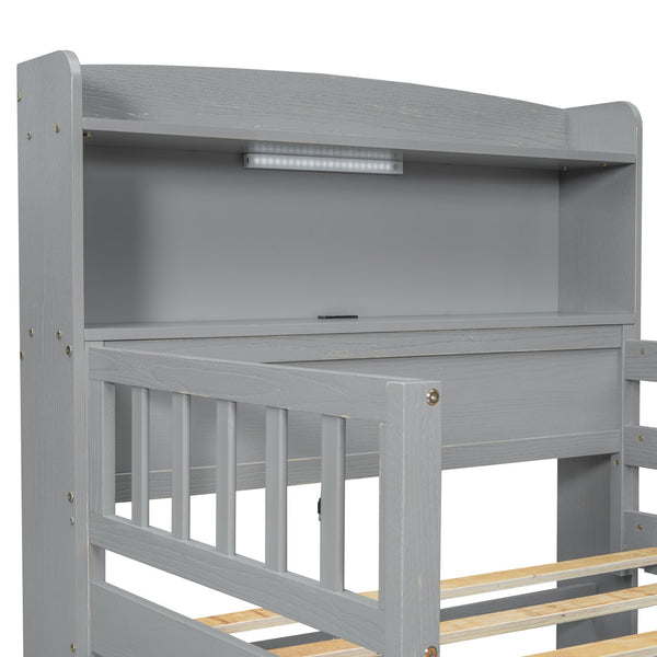 English Elm Wood Twin Size Platform Bed with Built-in LED Light, Multifunctional Headboard, Guardrail & Storage Drawers Gray N709P243969E