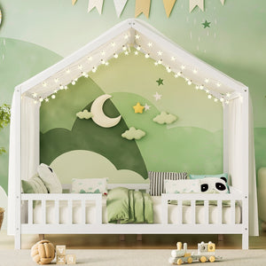 English Elm Montessori House Bed Frame Twin with Canopy & Full Guardrails, Cozy Kids Platform Bed for Toddlers White 77.8 L x 17.25 W x 7 H N733P356048K