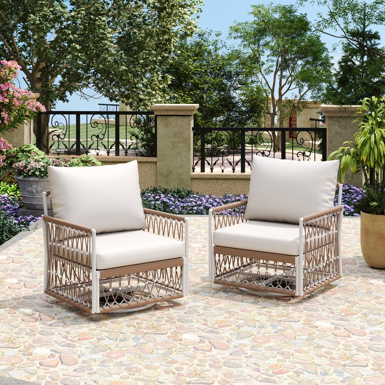 English Elm Christopher Knight Home® - [Set Of 2] 360° Swivel Bohemian Lounge Chairs - Handwoven Rope, Waterproof Cushions, Stylish Patio Comfort N767P306733B