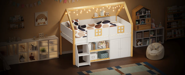 English Elm Twin-size Pine Low Loft Bed with House Canopy Step Stairs Storage Cabinet Led Lights N7090005033K