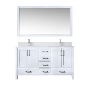 English Elm White Double Bath Vanity 60 in with Cultured Marble Top, Chrome Faucet, 58 in Mirror, Scratch-Resistant Finish B2731S01018