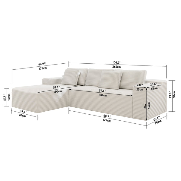 English Elm 104.3" Cloud Sectional Sofa - Plush Corduroy L-Shape Couch For Living Room, No Assembly, Modern Design W3819P366513