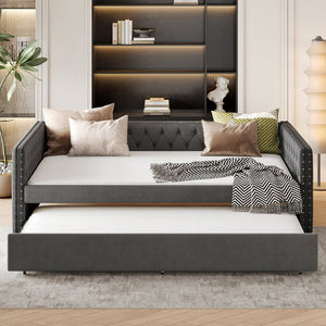 English Elm Full Size Daybed With Twin Trundle, Elegant Upholstered Sofa Bed, Button Tufted Gray Design W1580S00081