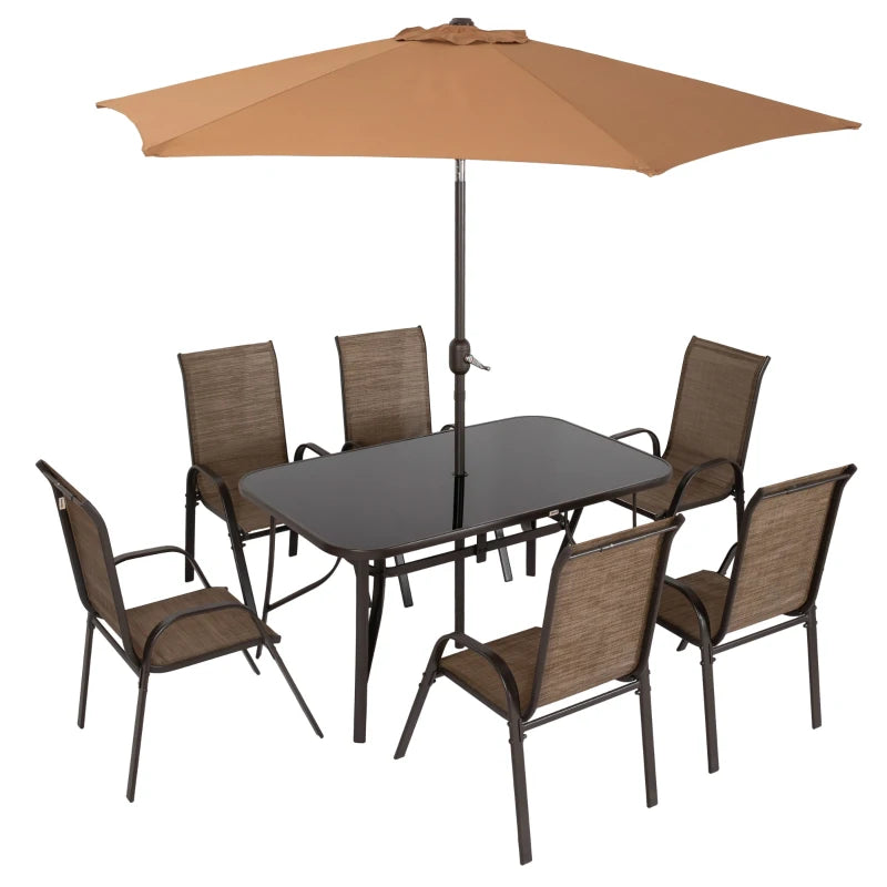 English Elm Outdoor Eight Piece Patio Dining Set with Mesh Chairs Tempered Glass Table and Umbrella T3971S00146