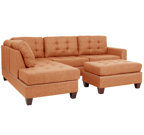 English Elm 3 Piece Reversible Sectional Sofa Set with Ottoman in Citrus Orange — Tufted, Nailhead Trim, Plush Comfort B089S00177