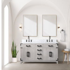 English Elm White Oak Double Bath Vanity 60 in with Polished Carrara Marble Top, Soft-Close Storage & Mirrors B2731S01598