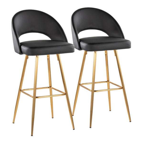 English Elm Fixed-height Metal Frame Barstools with Upholstered Seats and Geometric Footrest Set of 2 Black+Gold B202S01941