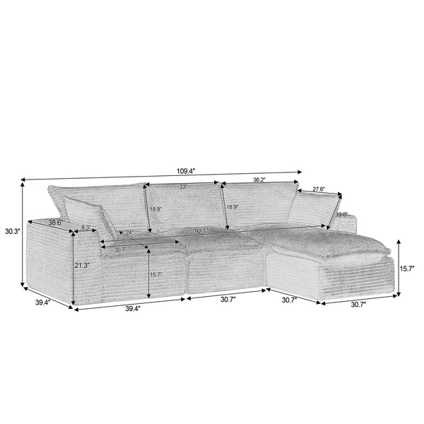 English Elm Cloud Corduroy Sectional Sofa Plush Modular L Shape Design with Convertible Ottoman W2339S00131