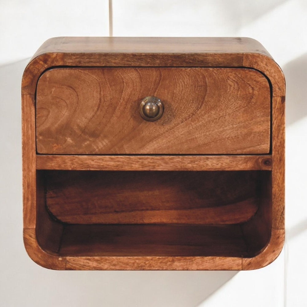 English Elm Solid Wood Mini Honey Caramel Wall-Mounted Bedside Unit With Drawer & Open Slot For Essentials Storage B182P279260-GIGA